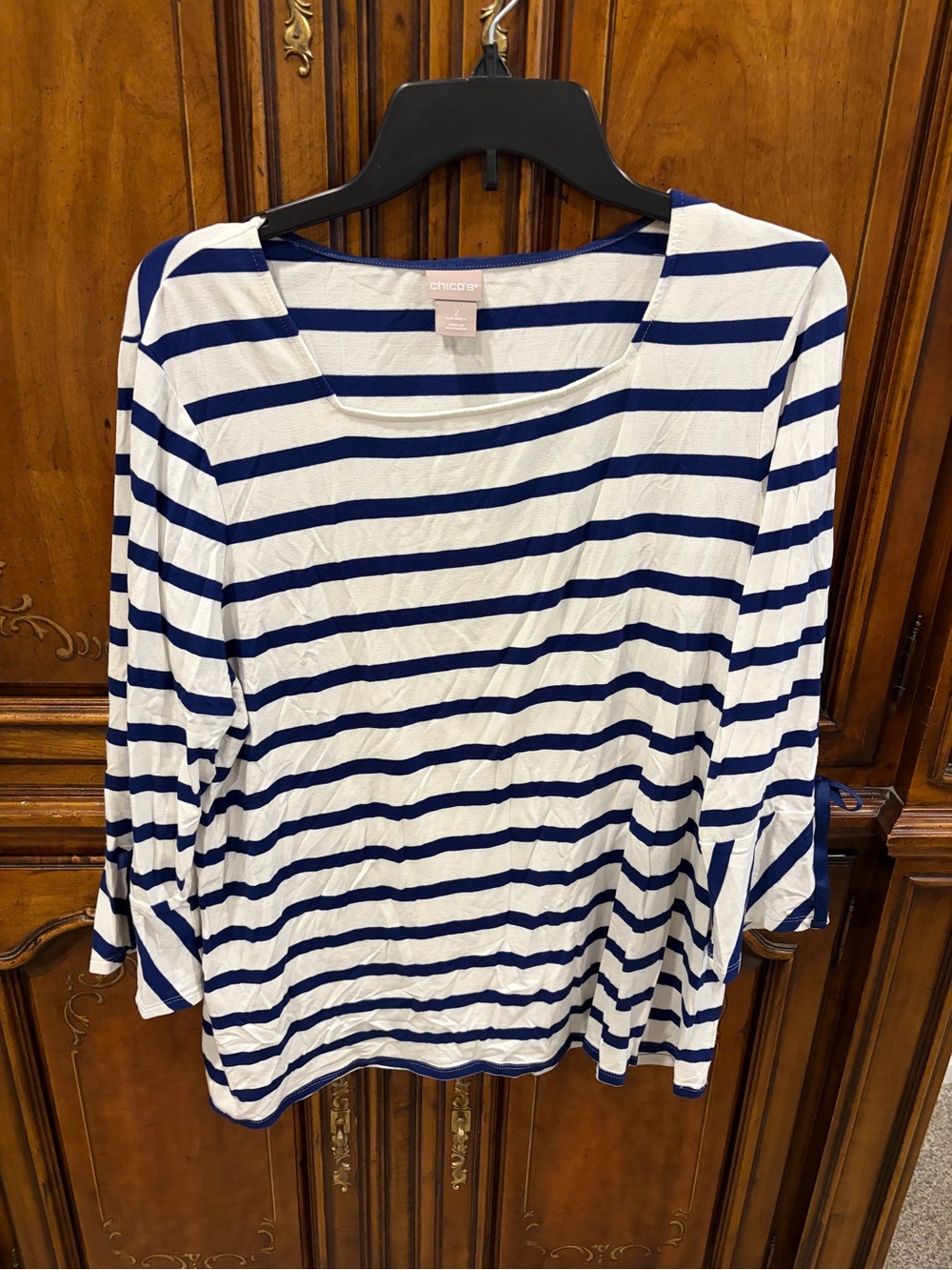 Chico's Navy and White Striped Boatneck Long Sleeve Top Cute Ruffle with bow
